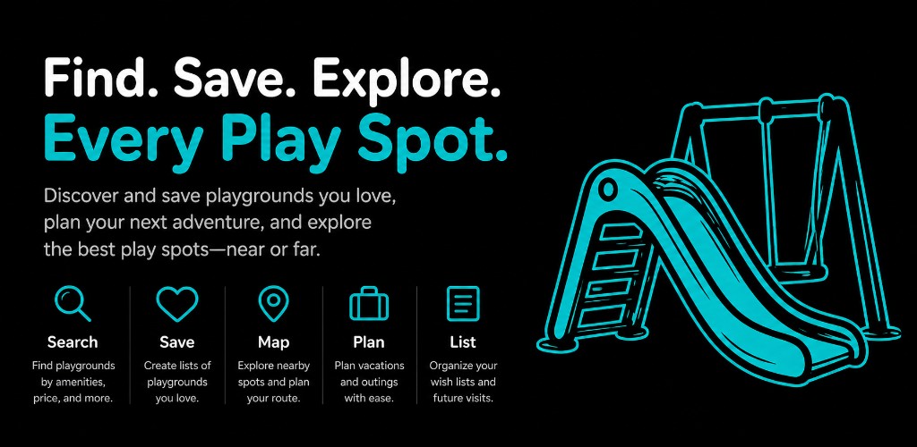 Find, save, and explore play spots. Line illustration of a slide and swings
